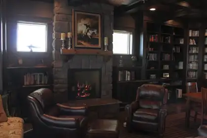 Den with a stone fireplace, built-in bookshelves, and leather chairs
