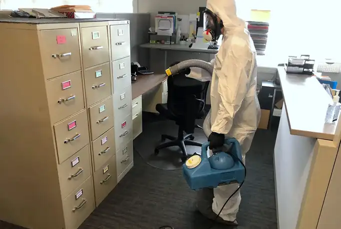 Technician in a Tyvek suit fogging an office