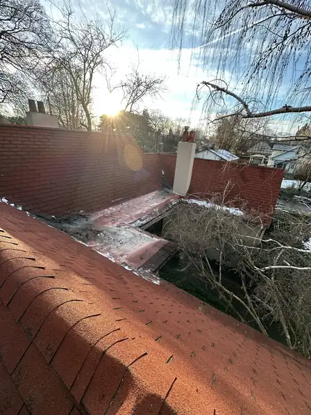 A red composition roof with storm debris and tree limbs across the shingles